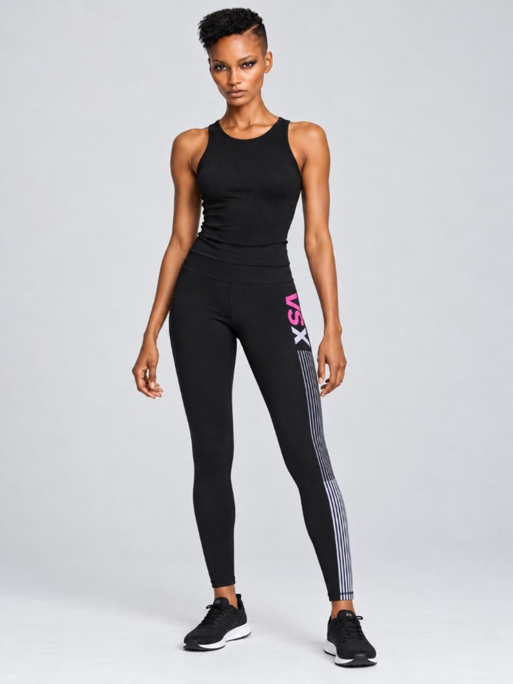 Victoria’s Secret VSX Black Leggings with Pink Logo and Side Stripes